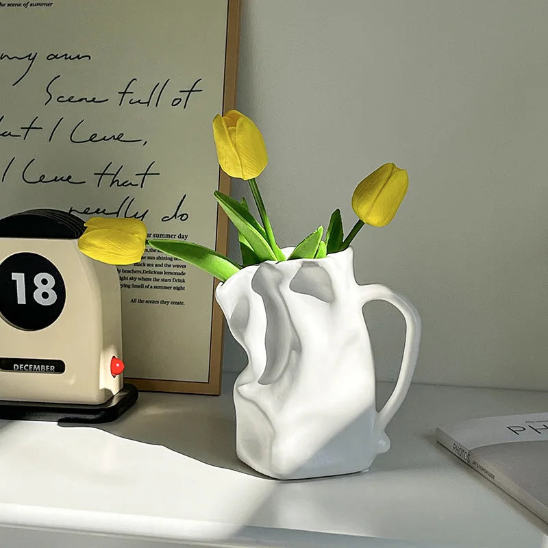 Vaso de Cerâmica Prateado Estilo Sacola Plissada