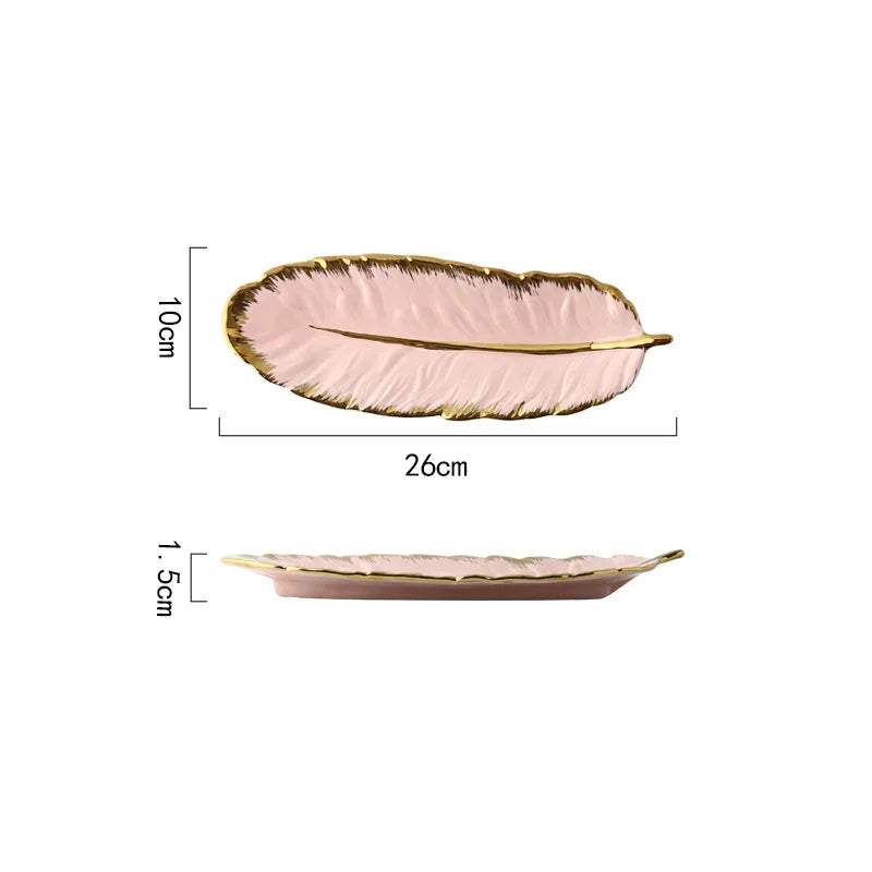 Bandeja de Cerâmica de Luxo em Formato de Folha de Palmeira com Borda Dourada