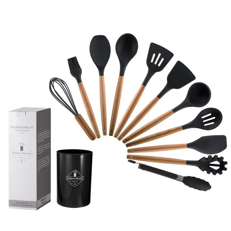 Kit de Utensílios de Silicone com Cabo de Madeira para Cozinha