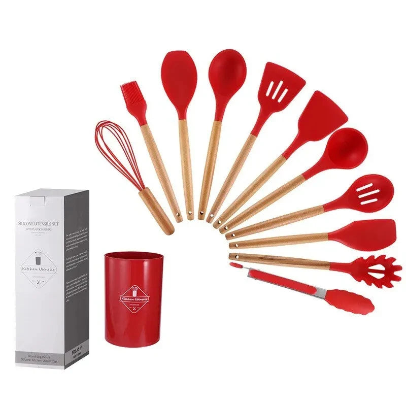 Kit de Utensílios de Silicone com Cabo de Madeira para Cozinha
