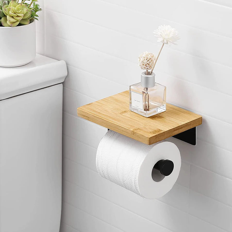 Suporte de Papel Higiênico de Madeira com Apoio para Celular
