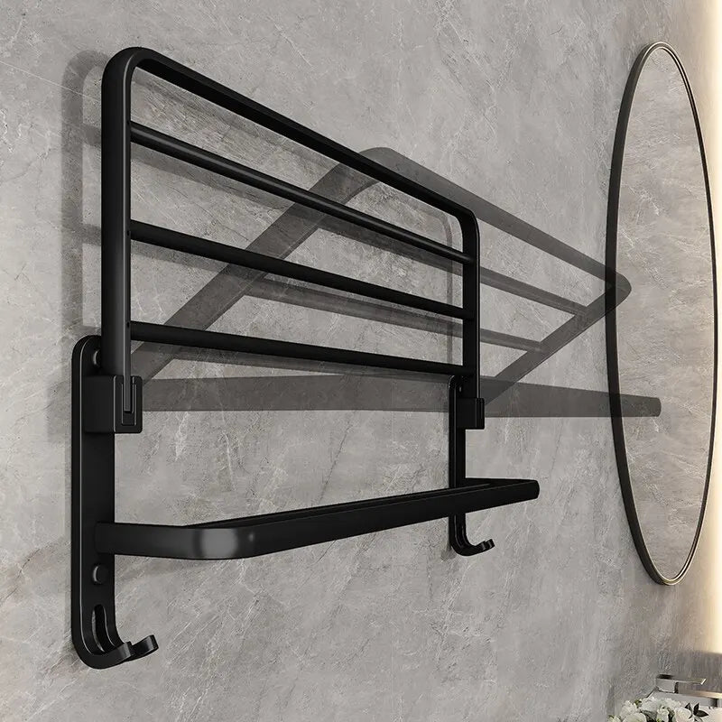 Toalheiro Dobrável Preto Fosco 50cm – Suporte de Parede com Ganchos
