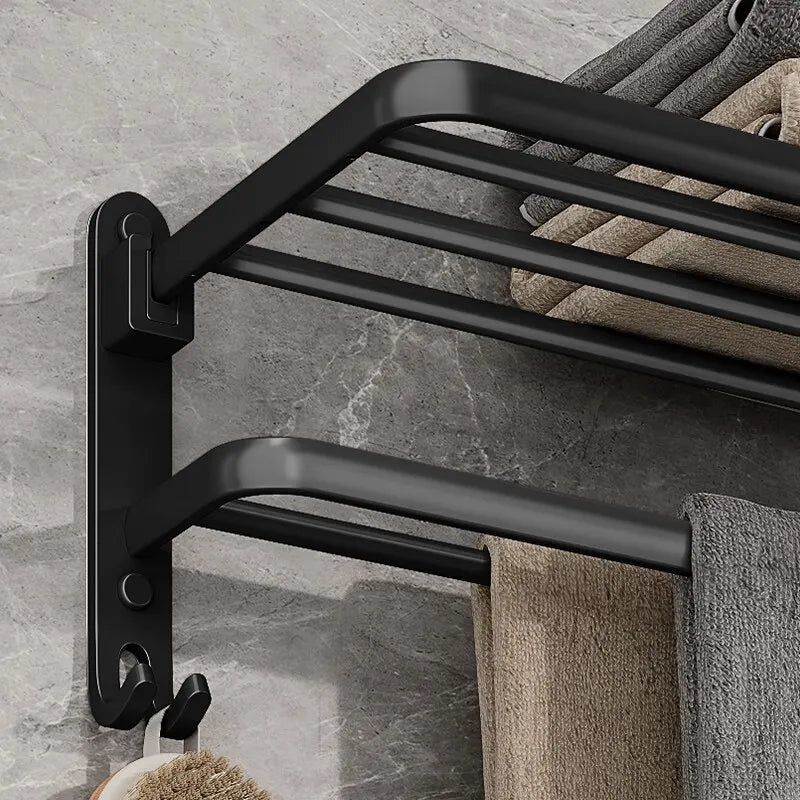 Toalheiro Dobrável Preto Fosco 50cm – Suporte de Parede com Ganchos
