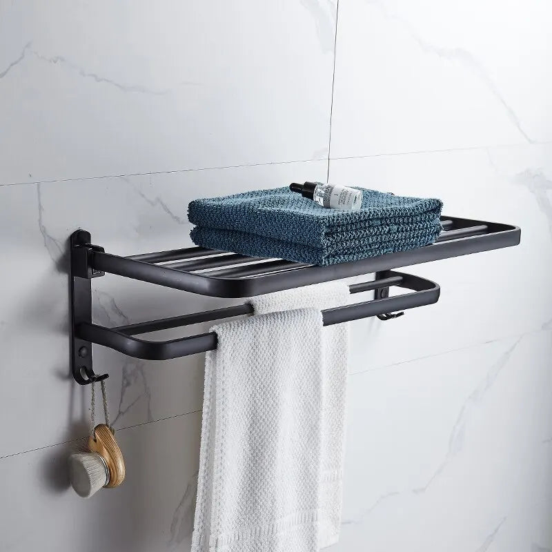 Toalheiro Dobrável Preto Fosco 50cm – Suporte de Parede com Ganchos