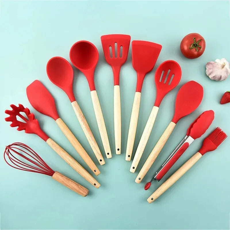 Kit de Utensílios de Silicone com Cabo de Madeira para Cozinha
