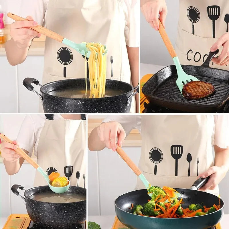 Kit de Utensílios de Silicone com Cabo de Madeira para Cozinha