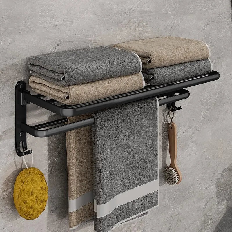 Toalheiro Dobrável Preto Fosco 50cm – Suporte de Parede com Ganchos