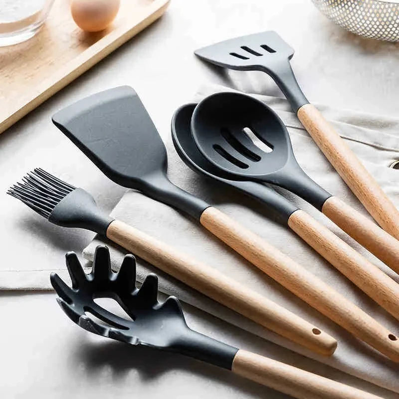 Kit de Utensílios de Silicone com Cabo de Madeira para Cozinha