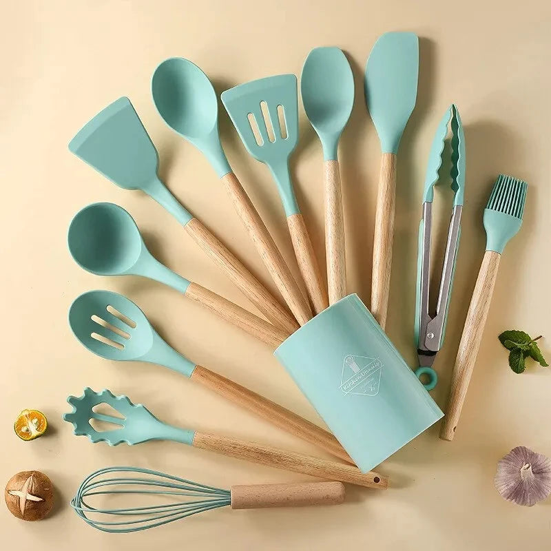 Kit de Utensílios de Silicone com Cabo de Madeira para Cozinha