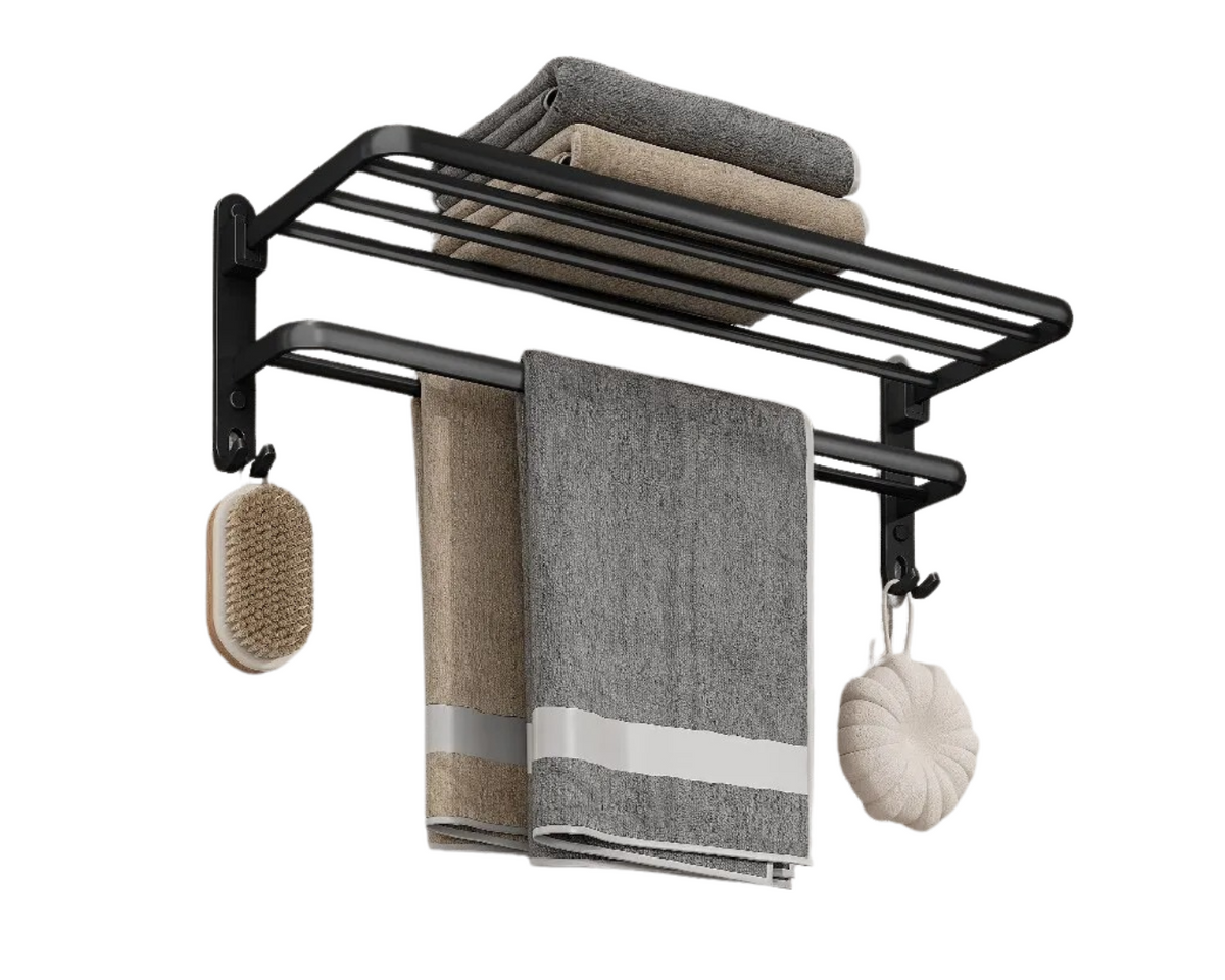 Toalheiro Dobrável Preto Fosco 50cm – Suporte de Parede com Ganchos