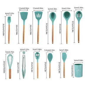 Kit de Utensílios de Silicone com Cabo de Madeira para Cozinha