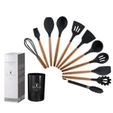 Kit de Utensílios de Silicone com Cabo de Madeira para Cozinha