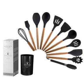 Kit de Utensílios de Silicone com Cabo de Madeira para Cozinha