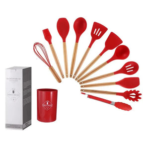 Kit de Utensílios de Silicone com Cabo de Madeira para Cozinha