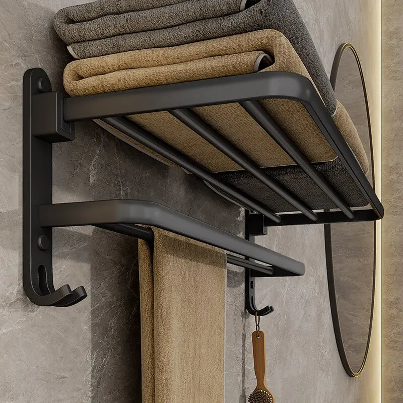 Toalheiro Dobrável Preto Fosco 50cm – Suporte de Parede com Ganchos