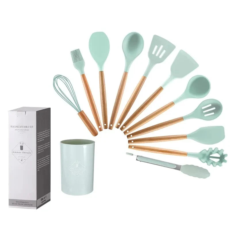 Kit de Utensílios de Silicone com Cabo de Madeira para Cozinha