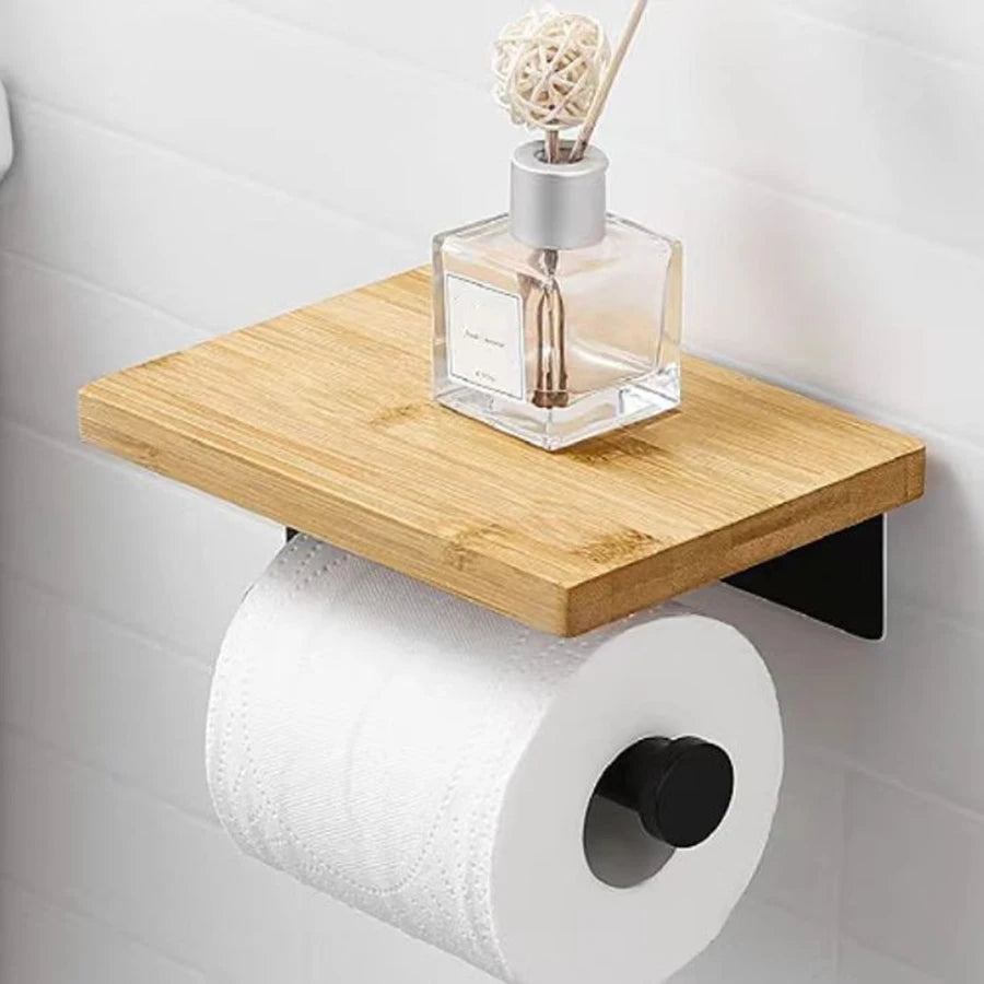 Suporte de Papel Higiênico de Madeira com Apoio para Celular