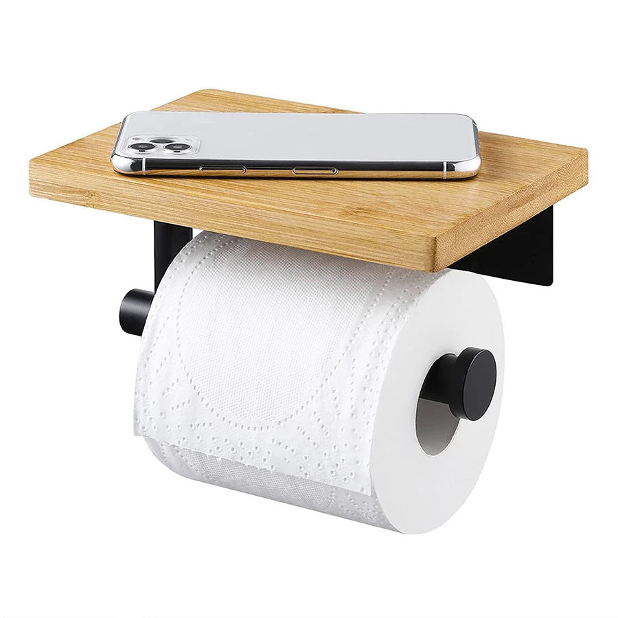 Suporte de Papel Higiênico de Madeira com Apoio para Celular