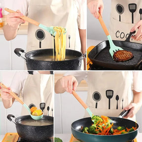 Kit de Utensílios de Silicone com Cabo de Madeira para Cozinha