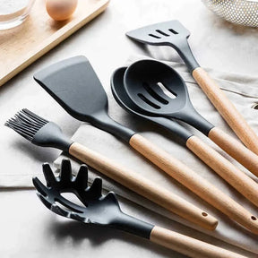Kit de Utensílios de Silicone com Cabo de Madeira para Cozinha